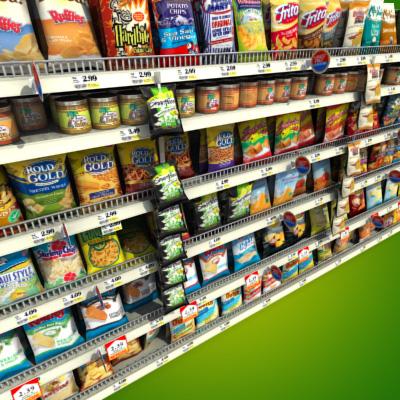 3D Model of Grocery shelves stocked with low poly snack products - 3D Render 4